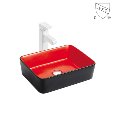 商業テーブルの上の浴室の実用的な流しの陶磁器の赤くおよび黒い洗面器